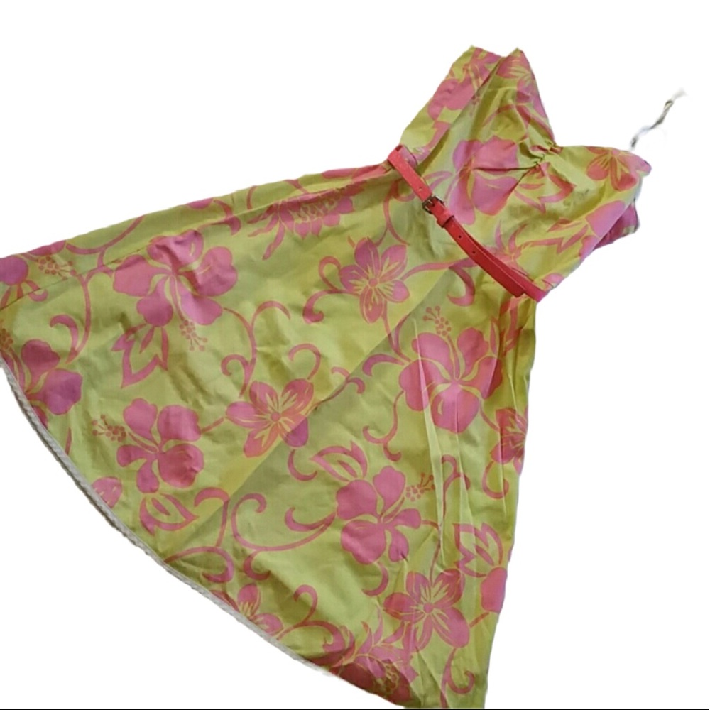 Trina Turk Floral Hibiscus Dress Yellow Pink Summer Tea SWING EASTER SPRING